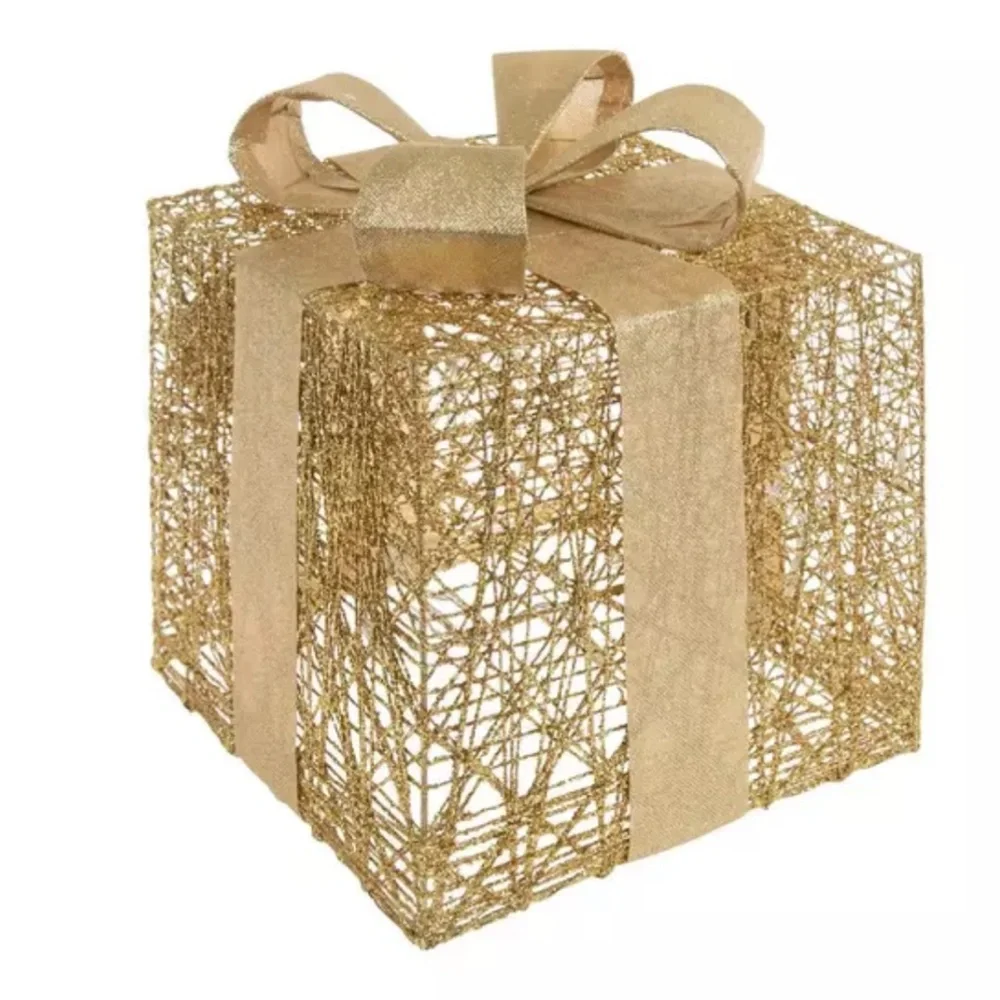 New! Hobby Lobby Light Up Glitter Gold Gift Box Holiday Decor, 11.75” tall